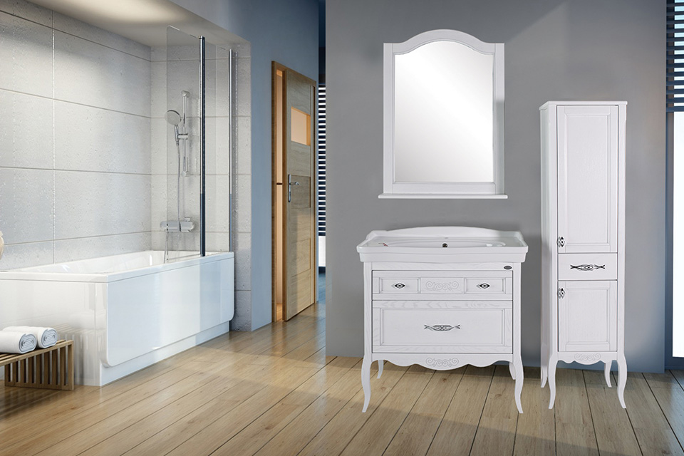 Мебель для ванной подвесная ASB-Woodline Модерн 85 белая патина серебро