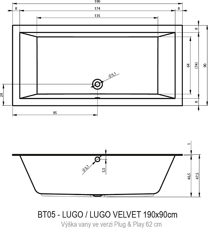 Акриловая ванна RIHO Lugo Plug & Play R 190x90