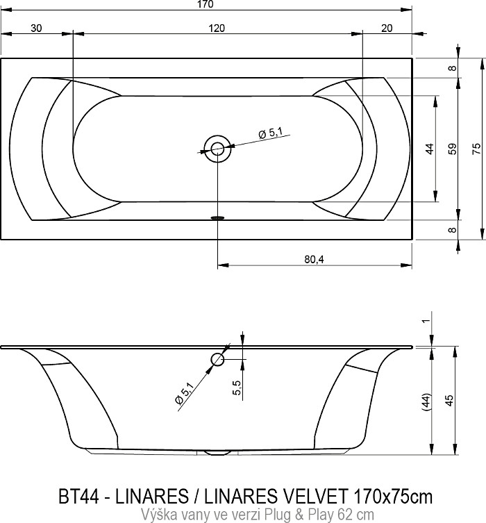 Акриловая ванна RIHO Linares Plug & Play L 170х75