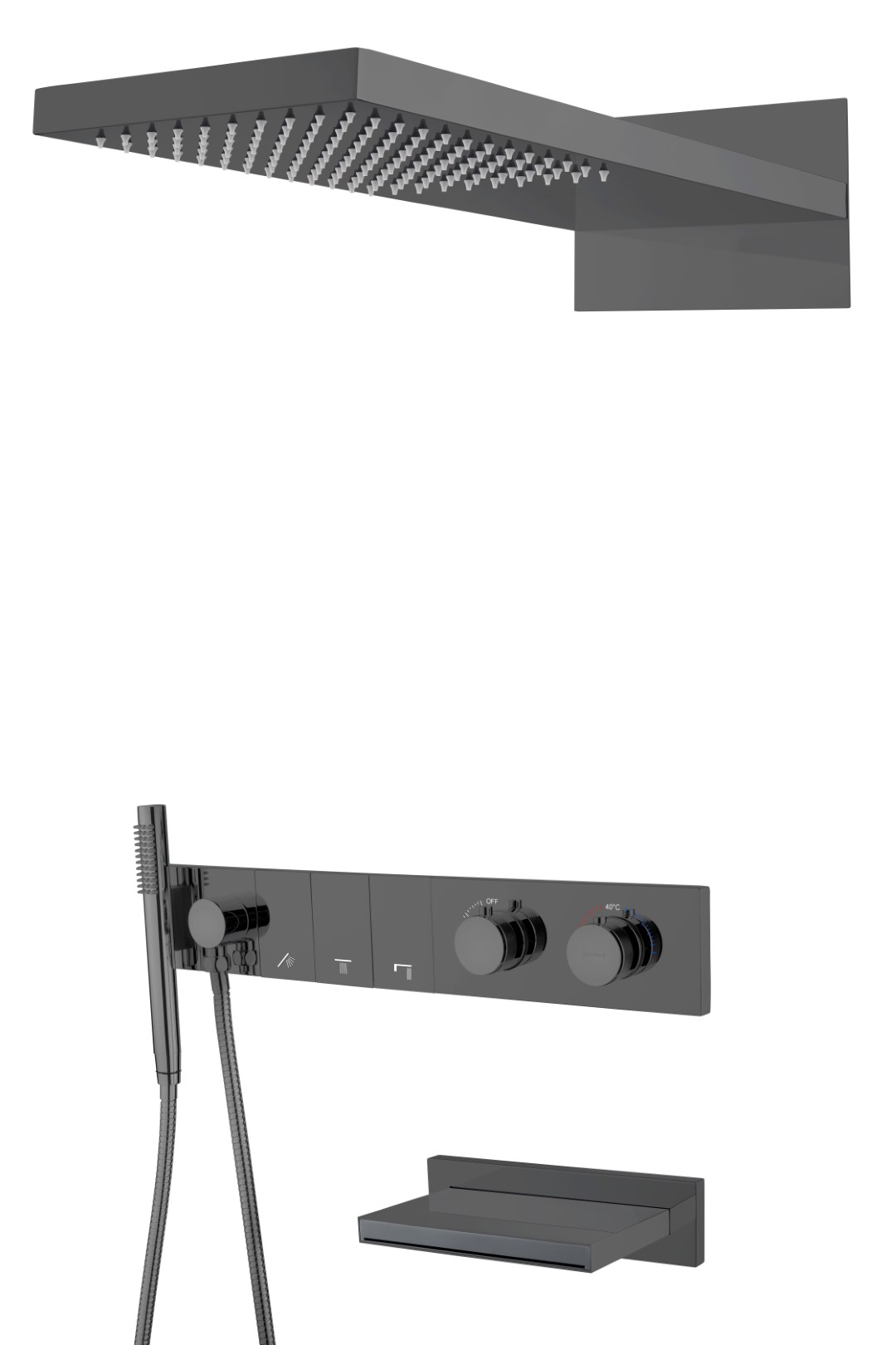 Встроенная душевая система с изливом Boheme ZODIAC с термостатом, трехпозиционная Shine Gun Metal 133-2-SGM