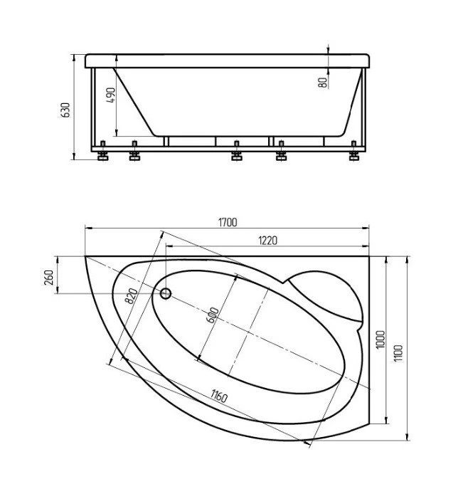 Акриловая ванна Aquatek Аякс-2 170х110 AYK170-0000089 правая, с фронтальным экраном