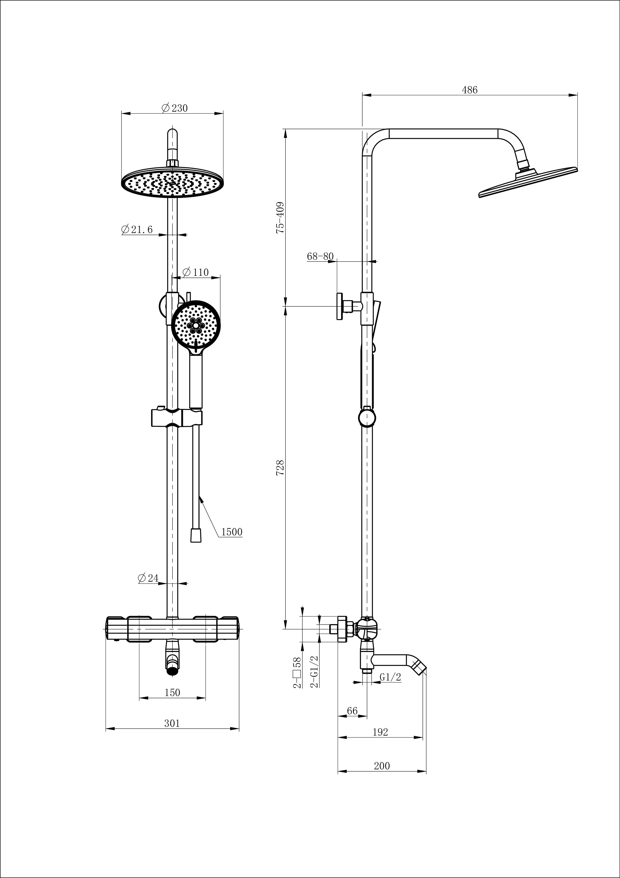 Душевая система с термостатом WONZON & WOGHAND STAY 1, Черный матовый WW-B3051-A1-MB