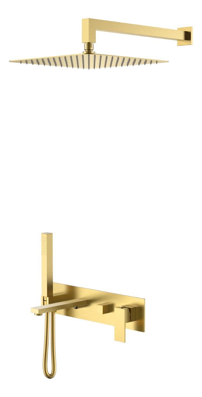 Смеситель встроенный + верхний+ ручной душ Boheme Qubic Matt Gold с изливом 474-MG