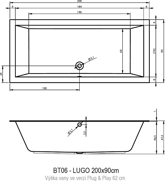 Акриловая ванна RIHO Lugo Plug & Play L 200x90