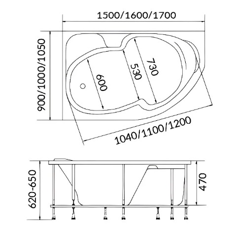 Ванна акриловая 1MarKa Diana 150x90 см R Стандарт 2+