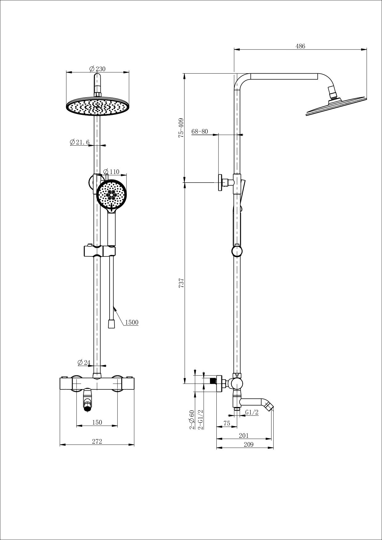 Душевая система с термостатом WONZON & WOGHAND INN 4, Черный матовый WW-B3047-A1-MB