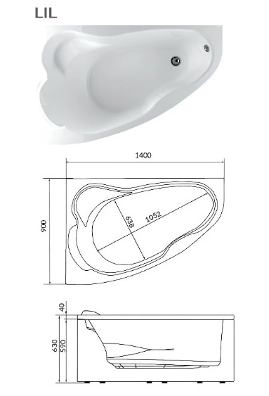 Ванна акриловая 1MarKa Lil 140x90 см L Стандарт 2