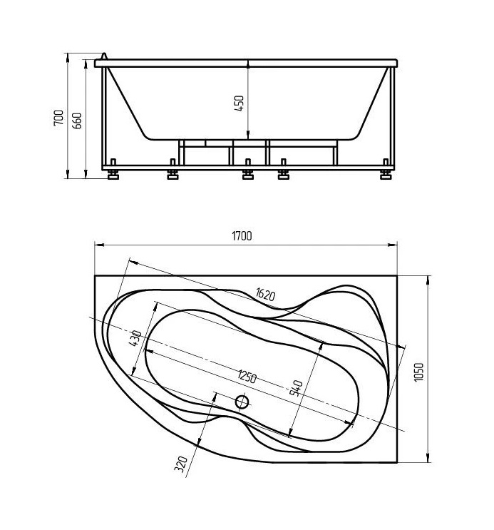Акриловая ванна Aquatek Вега VEG170-0000083 170х105 см, правая, с фронтальным экраном