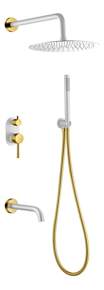 Смеситель встроенный + верхний+ ручной душ, Boheme Uno. White Gold с изливом 464-2-WG