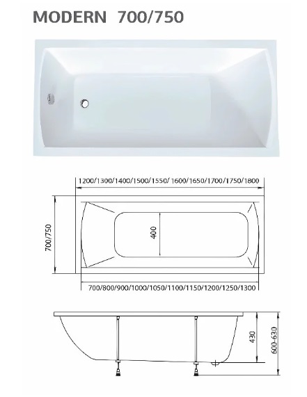 Ванна акриловая 1MarKa Modern 175x70 см Премиум