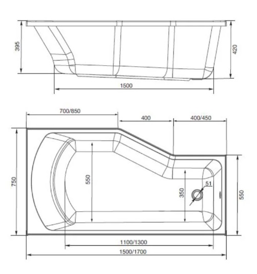 Ванна акриловая 1MarKa Convey 150x75 см R Стандарт 2+