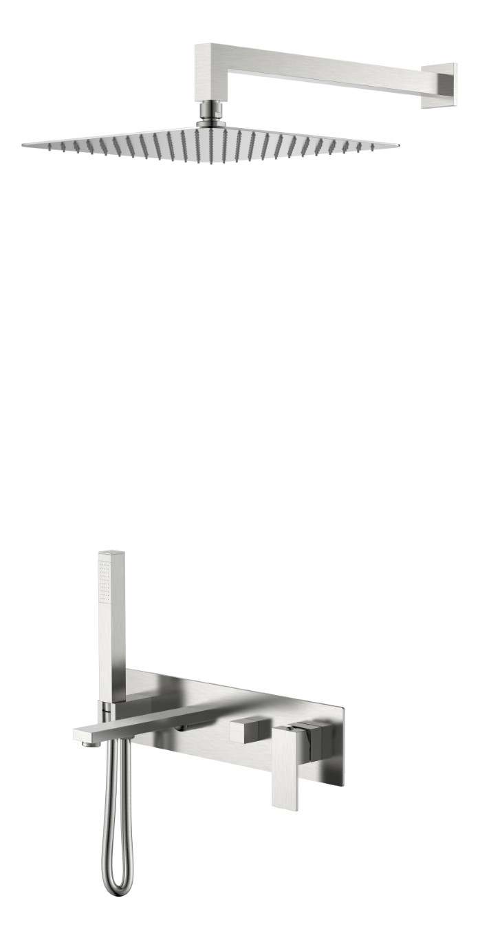Смеситель встроенный + верхний+ ручной душ Boheme Qubic Brushed Nickel с изливом 474-NB