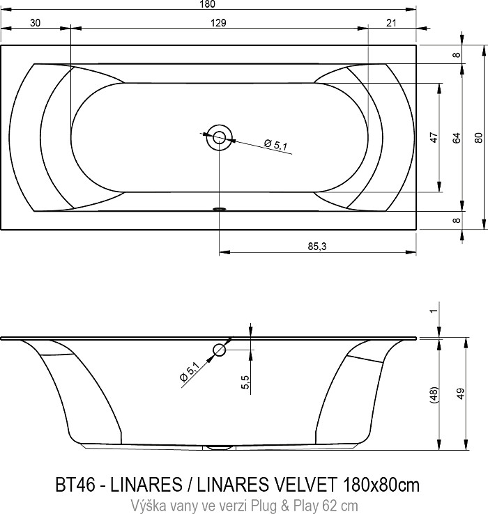 Акриловая ванна RIHO Linares Plug & Play L 180х80